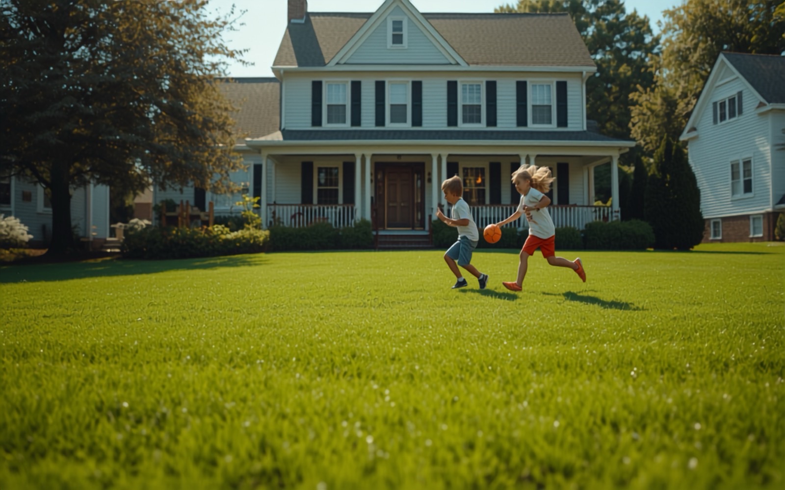 Two kids playing with a ball on a lush front lawn in front of a traditional two-story house